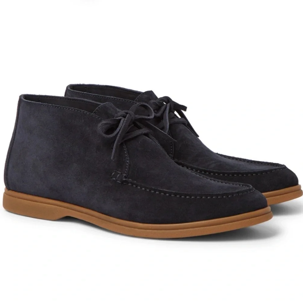 Brunello Cucinelli Navy Suede Chukka Boots with Tan Sole